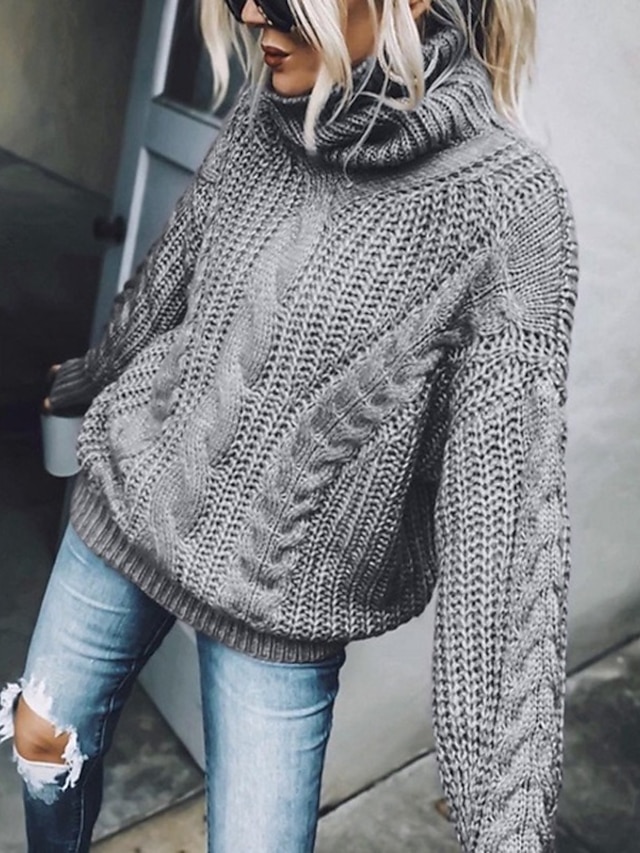  Women's Pullover Sweater jumper Jumper Cable Chunky Knit Knitted Turtleneck Solid Color Daily Going out Basic Casual Winter Fall Blue Brown S M L / Long Sleeve / Regular Fit