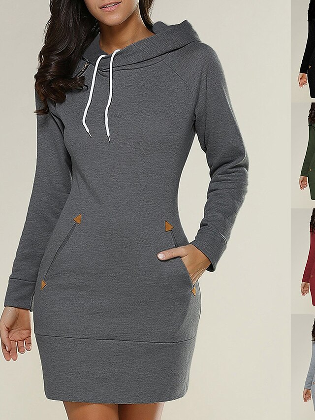  Women's Black Tee Dress Hoodie Minimalist Solid Color Cute Cotton Sport Athleisure Long Sleeve Dress Everyday Use Warm Soft Comfortable Athleisure Activewear Exercising General Use / Spring / Fall