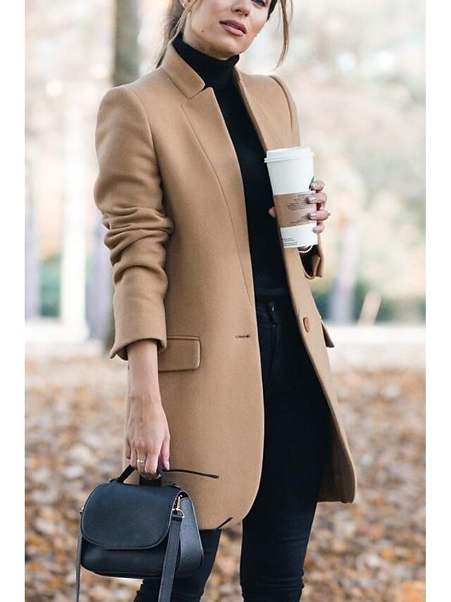  Women's Coat Daily Fall & Winter Long Coat Stand Collar Regular Fit Basic Jacket Long Sleeve Geometric Khaki