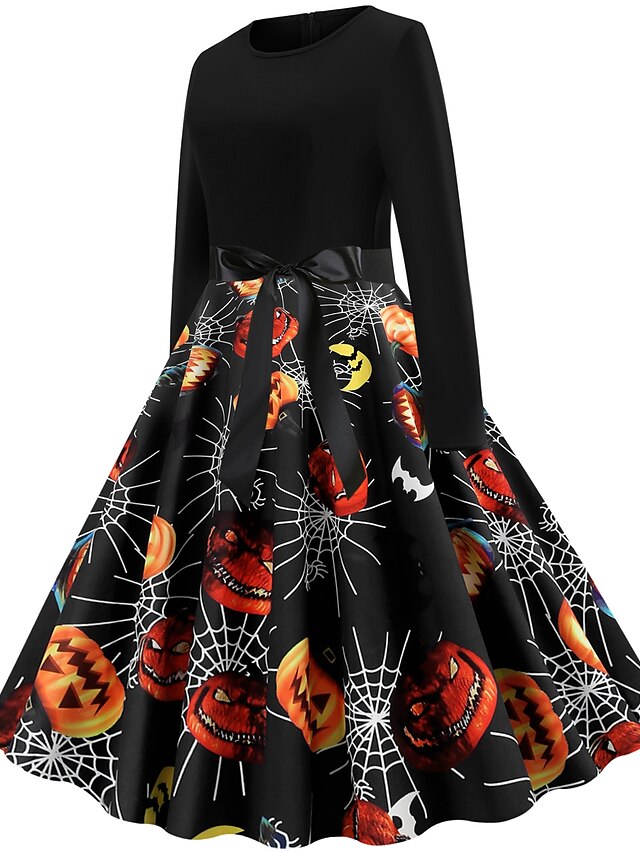  Dame Halloween Knælange Kjole A Linje Kjole Blå Vin Sort Græskar SPIDER Langærmet Sløjfer Trykt mønster Trykt mønster Rund hals Efterår Varm Årgang 2021 Tynd S M L XL XXL