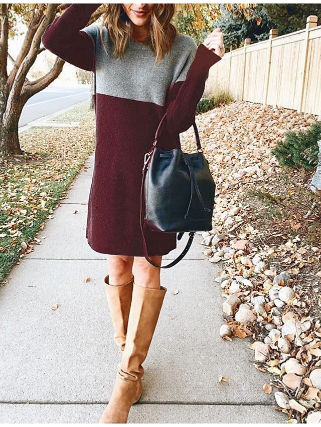  Women's Sweater Jumper Dress Knee Length Dress Wine Army Green Black Brown Navy Blue Long Sleeve Color Block Fall Winter Round Neck Hot Casual Going out Slim 2021 S M L XL XXL 3XL