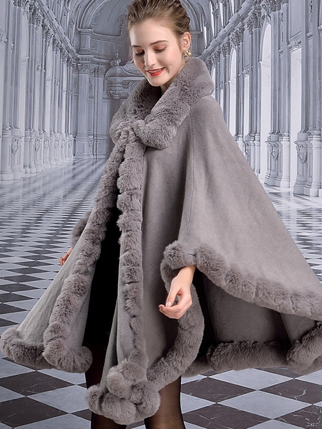  Women's Solid Colored Fur Trim Vintage Autumn / Fall Cloak / Capes Long Party Sleeveless Nylon Coat Tops Navy