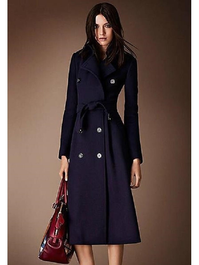  Women's Coat Fall & Winter Daily Long Coat Regular Fit Basic Jacket Long Sleeve Solid Colored Navy Blue / Wool