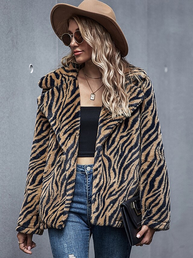  Women's Teddy Coat Fall & Winter Daily Going out Regular Coat Regular Fit Basic Jacket Long Sleeve Patchwork Leopard Light Brown
