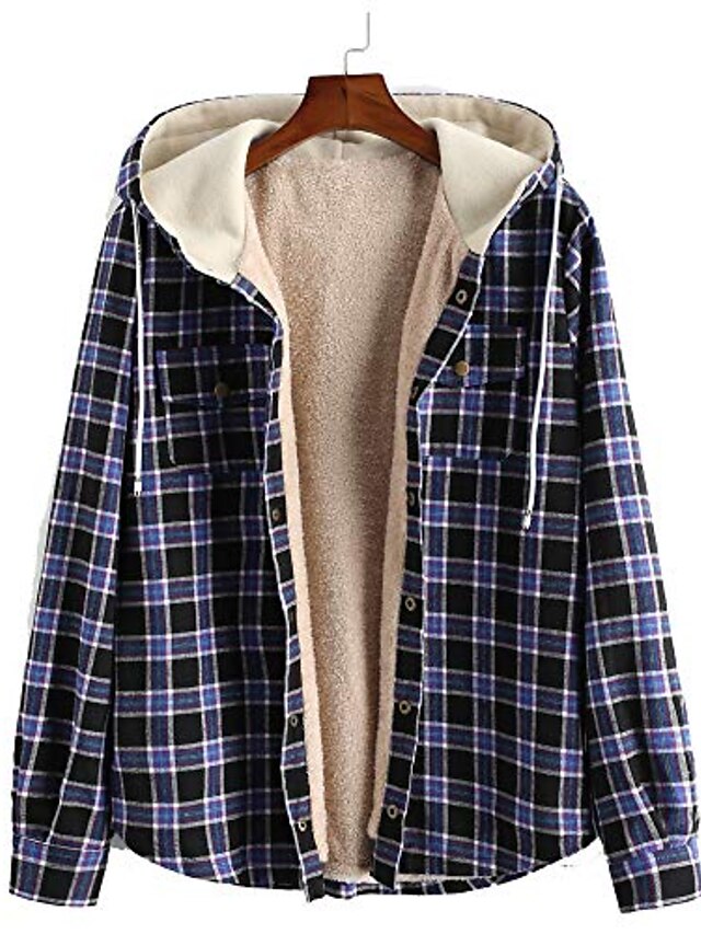 men's casual plaid chest pocket fleece drawstring coat fuzzy hooded jacket (dark red, l)