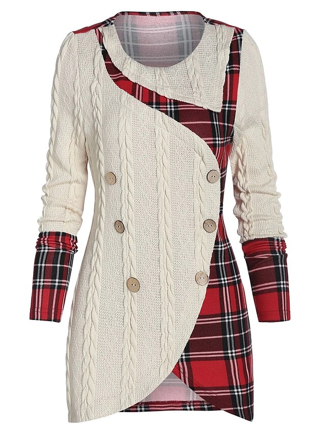  Women's Sheath Dress Short Mini Dress Beige Long Sleeve Plaid Layered Ruched Ruffle Fall Winter Round Neck Hot Vintage Sexy Going out 2021 L XL XXL 3XL / Plus Size / Plus Size