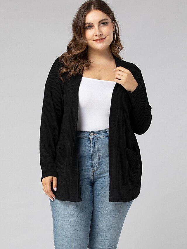  Women's Basic Knitted Solid Color Plain Cardigan Long Sleeve Plus Size Loose Sweater Cardigans V Neck Fall Winter Black