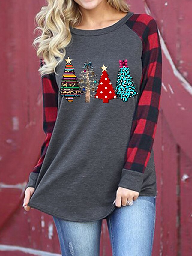  Femme Sweat à capuche Sweat-shirt Plantes Ecossais Cadeau Noël du quotidien Autres imprimés Coton Noël Pulls Capuche Pulls molletonnés Ample Gris