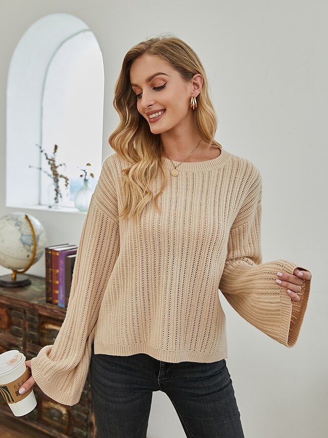  Women's Pullover Solid Color Acrylic Fibers Basic Long Sleeve Sweater Cardigans Fall Winter Crew Neck Beige