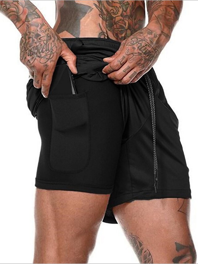  Men's Active Basic 2 in 1 Drawstring Fake two piece Shorts Short Pants Sports Activewear Solid Colored Mid Waist Army Green Black Gray Khaki Green M L XL XXL XXXL
