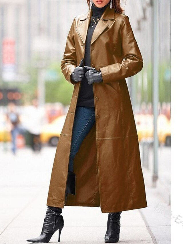  Women's Trench Coat Fall Winter Daily Work Maxi Coat Shirt Collar Regular Fit Vintage Jacket Long Sleeve Classic Solid Colored Blue Wine Black / PU