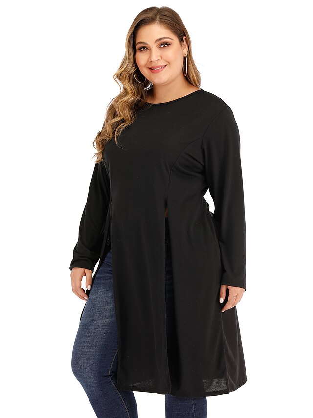  Women's Plus Size Tunic Solid Colored Long Sleeve Flowing tunic Round Neck Tops Black
