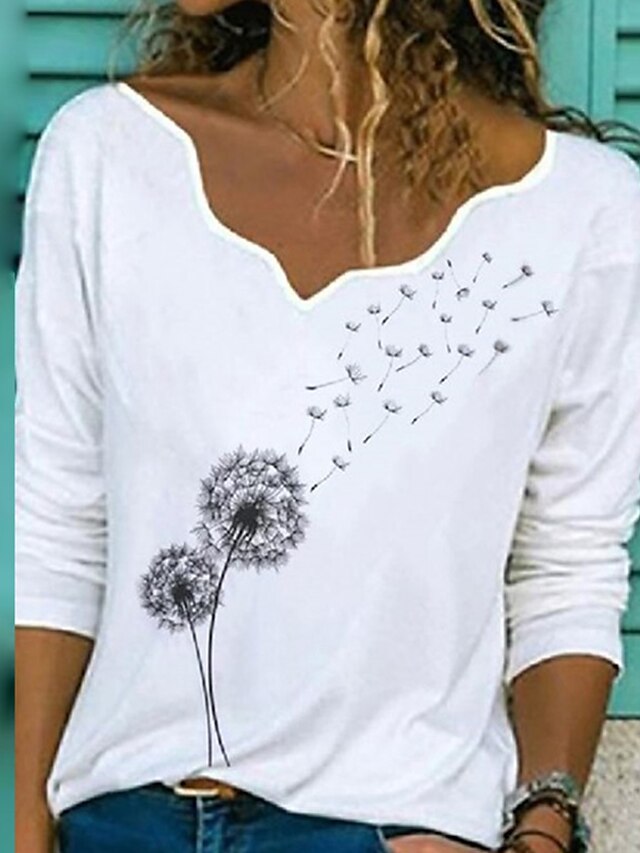  T shirt Tee Femme Papillon Blanche Noir Imprimer Papillon Pissenlit du quotidien Manches Courtes Col V basique Normal S / 3D effet