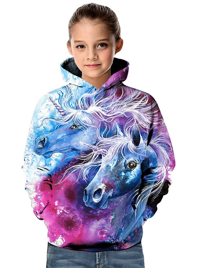  Kids Toddler Girls' Hoodie & Sweatshirt Long Sleeve Unicorn Geometric 3D Animal Print Purple Children Tops Active Basic
