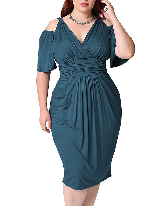  Women's Plus Size Solid Color A Line Dress Ruched V Neck Half Sleeve Elegant Casual Prom Dress Spring Summer Daily Evening Party Knee Length Dress Dress