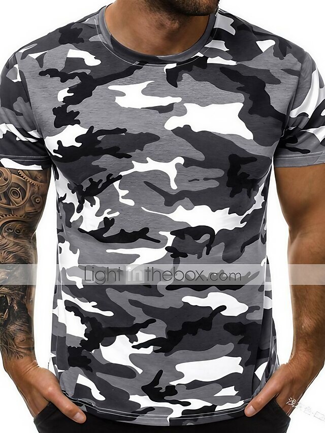  Herre T-shirt Skjorte Rund hals camouflage ikke-udskrivning Kortærmet Tøj Muskel