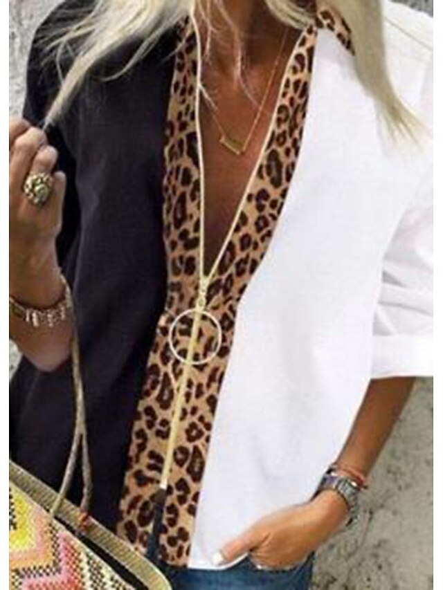  Women's Blouse Shirt Color Block Leopard Cheetah Print Long Sleeve Zipper Patchwork Zip Up V Neck Basic Tops White / Black Leopard Black