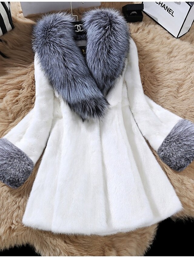  Women's Faux Fur Coat Daily Fall & Winter Long Coat V Neck Regular Fit Basic Jacket Long Sleeve Solid Colored Fur Trim White Black