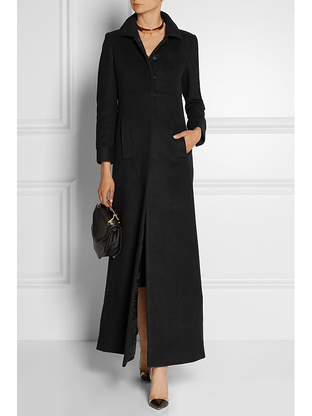  Women's Coat Daily Fall & Winter Long Coat Slim Basic Jacket Long Sleeve Solid Colored Black