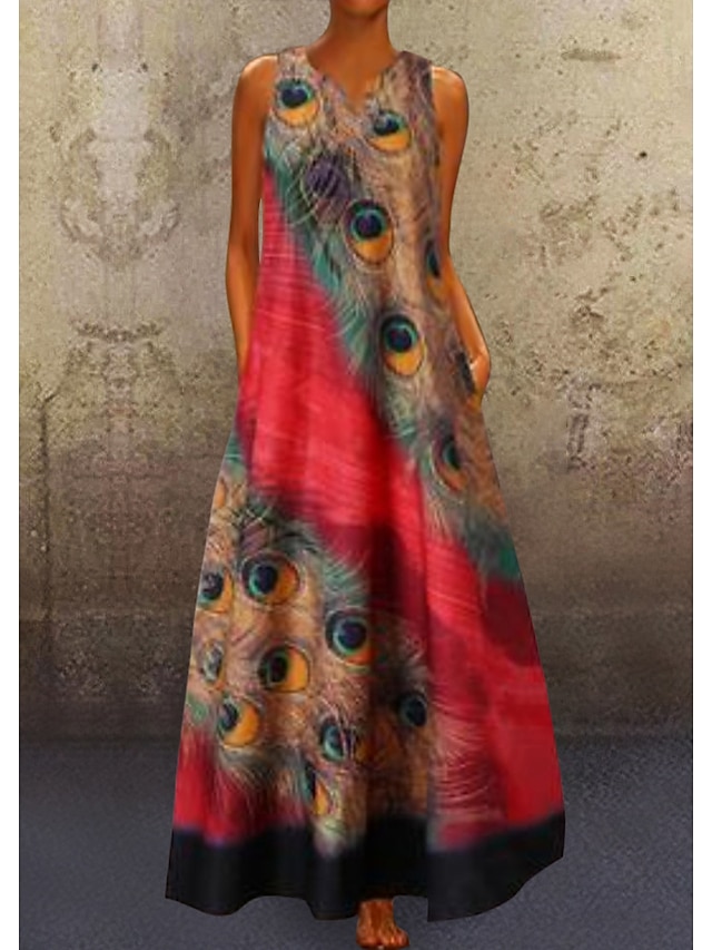  Women's A Line Dress Maxi long Dress Red Navy Blue Light Blue Sleeveless Peacock Feathers Print Summer V Neck Hot Casual Holiday vacation dresses 2021 S M L XL XXL 3XL 4XL 5XL / Plus Size / Plus Size