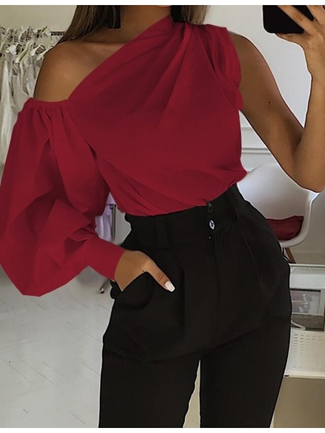  Women's Blouse Shirt Peasant Blouse Red White Black Patchwork Solid Colored Daily Work Long Sleeve Off Shoulder Sexy Regular Lantern Sleeve S