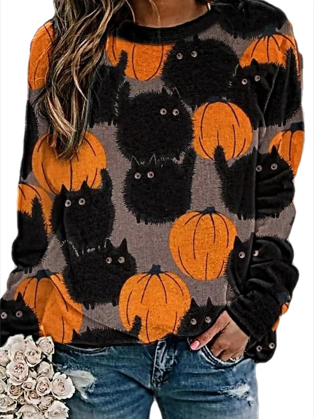  Dame Pullover-sweatshirt Grafisk Daglig Andre tryk Halloween Hættetrøjer Sweatshirts Løstsiddende Blå Orange