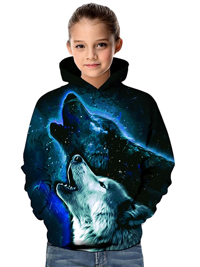  Kids Toddler Girls' Hoodie & Sweatshirt Long Sleeve Blue Wolf Geometric 3D Animal Print Active Basic