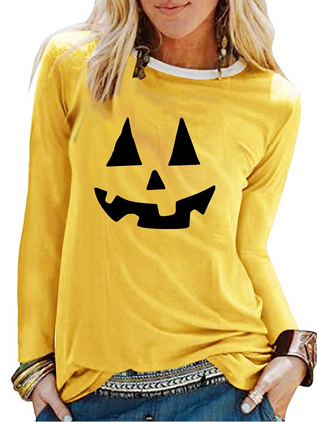  Damen T Shirt 100% Baumwolle Schwarz Weiß Gelb Graphic Kürbis Grafik-Drucke Bedruckt Langarm Halloween Täglich Basic Halloween Rundhalsausschnitt Regular Fit