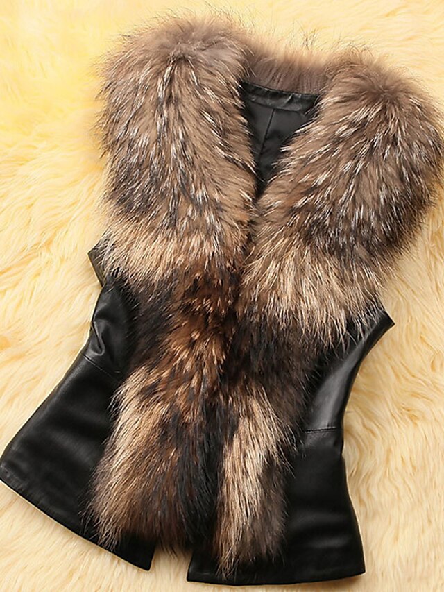  Women's Solid Colored Basic Fall & Winter Shawl Lapel Vest Regular Daily Sleeveless Faux Fur Coat Tops Black