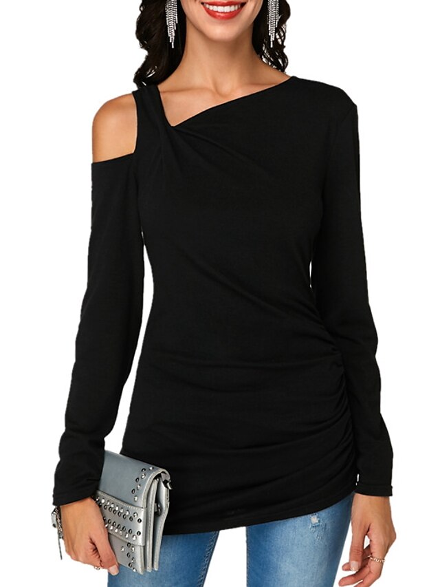  Women's Blouse Shirt Solid Colored Long Sleeve One Shoulder Basic Tops Black