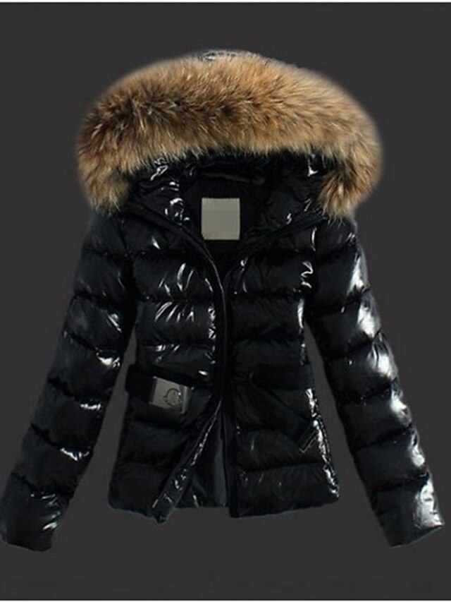  Women's Jacket Daily Fall & Winter Regular Coat Hooded Regular Fit Basic Jacket Long Sleeve Solid Colored Black / Faux Fur