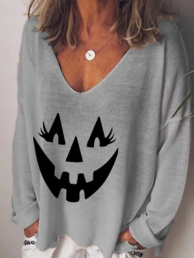  Women's Halloween T shirt Graphic Graphic Prints Pumpkin Long Sleeve Print V Neck Basic Tops White Black Blue