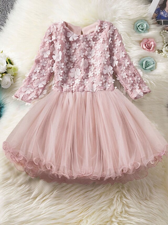  Kids Little Girls' Dress Solid Colored Lace Blushing Pink Knee-length 3/4 Length Sleeve Cute Dresses