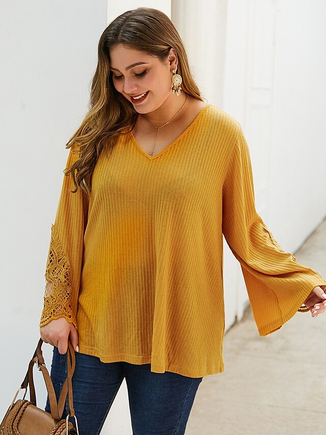  Women's Basic Knitted Solid Color Pullover Long Sleeve Plus Size Sweater Cardigans V Neck Fall Winter Yellow Blushing Pink Army Green