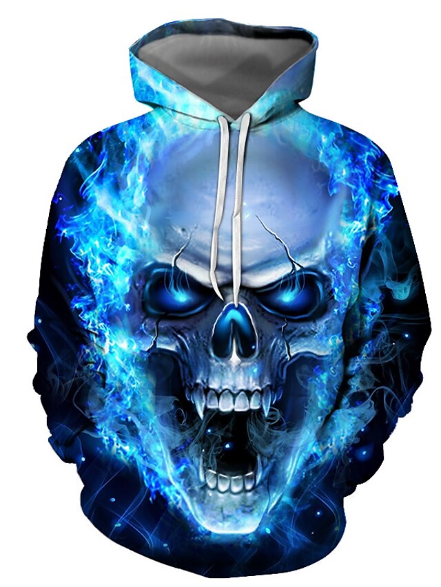  Men's Plus Size Graphic Skull Pullover Hoodie Sweatshirt Hooded 3D Print Halloween Daily Going out Basic Casual Hoodies Sweatshirts  Long Sleeve Blue