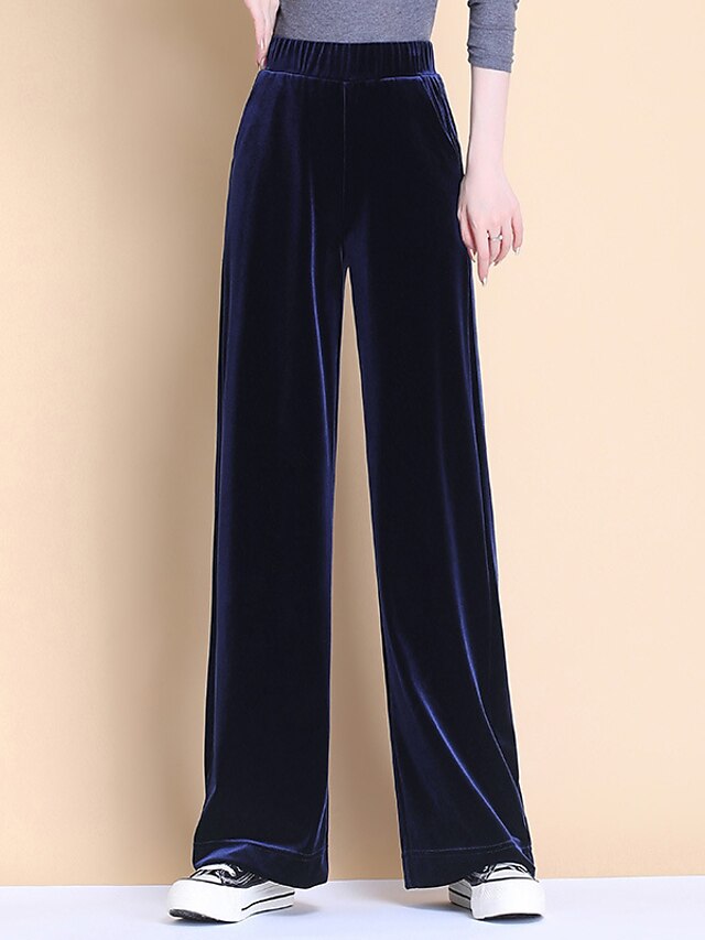  Women's Basic Breathable Loose Daily Wide Leg Pants Solid Colored Full Length High Waist Black Royal Blue Gray