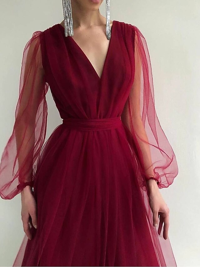  Women's Swing Dress Maxi long Dress Black Blushing Pink Wine Long Sleeve Solid Color Patchwork Fall V Neck Hot Casual Sexy Lantern Sleeve Mesh S M L XL