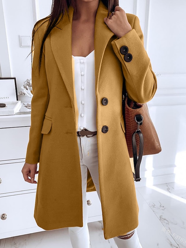  Women's Coat Daily Fall Winter Long Coat Regular Fit Elegant & Luxurious Jacket Long Sleeve Solid Colored Button Yellow Gray / Spring