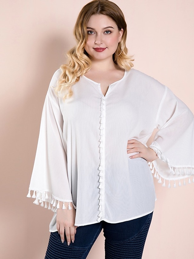  Women's Blouse Shirt Solid Colored Long Sleeve Tassel Patchwork Round Neck Tops Basic Basic Top White