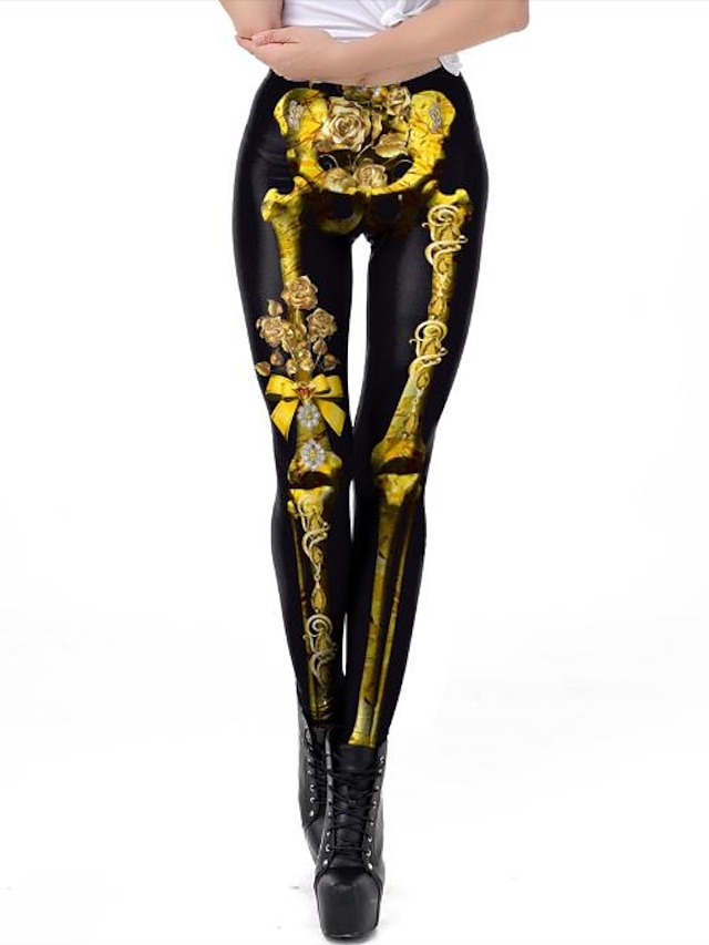  Women's Exaggerated Breathable Halloween Leggings Pants Flower / Floral 3D Skull Full Length Print Black
