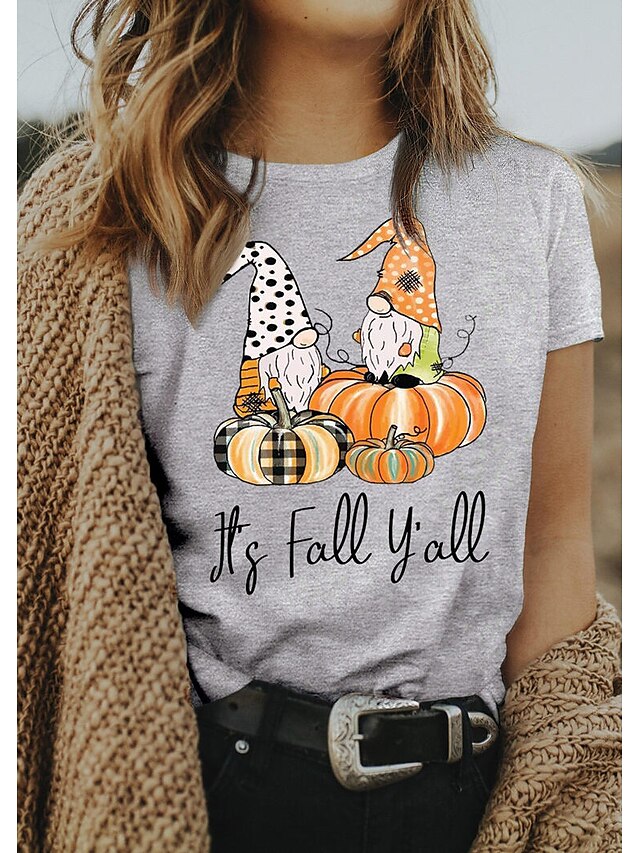  Dame T skjorte Grå Grafisk Bokstaver Trykt mønster Kortermet Halloween Daglig Grunnleggende Halloween Rund hals 100 % bomull