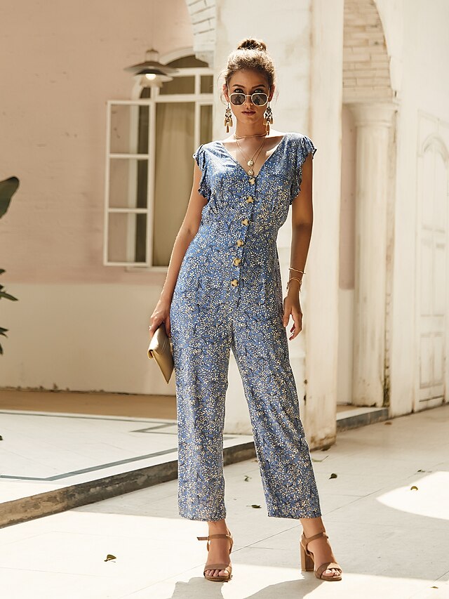  Combinaison-pantalon Femme Imprimé Géométrique basique Bleu S M L XL
