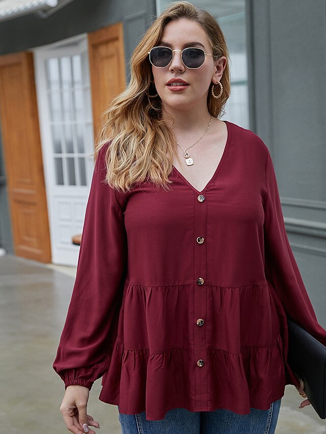  Damen Hemd Bluse Wein Einfarbig Gefaltet Patchwork Langarm Täglich Basic V Ausschnitt Übergrössen Übergrössen