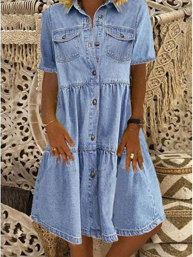  Women's Denim Shirt Dress Knee Length Dress Blue Dark Blue Short Sleeve Square Ruched Pocket Button Spring Summer Shirt Collar Hot Casual 2021 S M L XL XXL 3XL / 100% Cotton / 100% Cotton