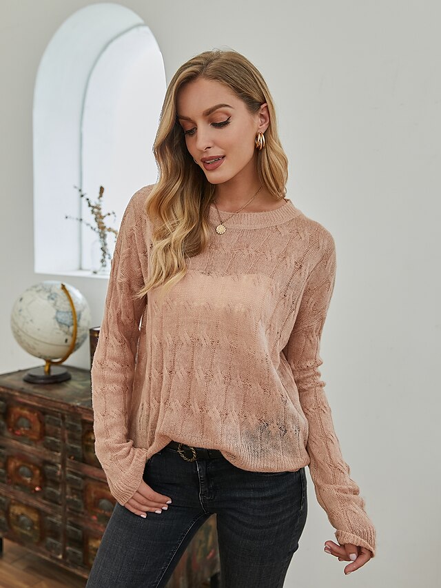  Women's Pullover Sweater Solid Color Embroidery Knitted Acrylic Fibers Basic Casual Long Sleeve Loose Sweater Cardigans Fall Winter Round Neck Blushing Pink / Holiday