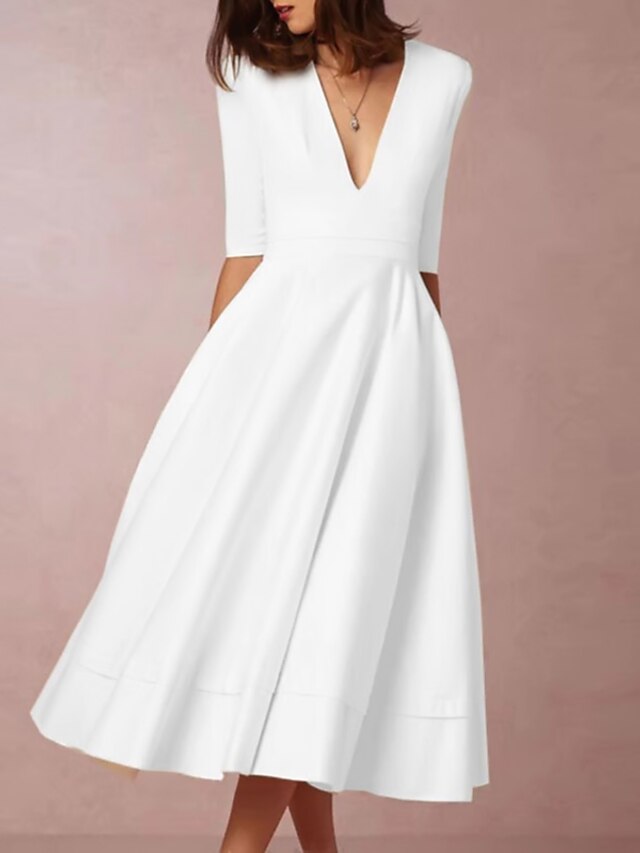  Women's Midi Dress Party Dress Swing Dress White Half Sleeve Ruched Pure Color Deep V Fall Spring Party Hot Elegant S M L XL XXL 3XL / Wedding Guest