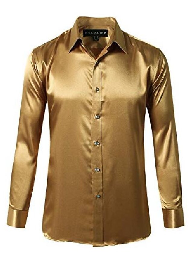  Herren Langarm glänzende Seide wie Satin Tanz Ballkleid Hemd Party Button-Down-Smoking-Shirts Gold XL