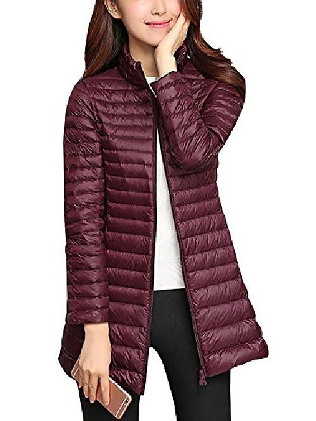  Women's Puffer Jacket Zipper Formal Style Classic & Timeless Casual Daily Office / Career Street Daily Wear Date Coat Long Polyester Wine Red Pink Black Zipper Fall Winter Stand Collar Slim Fit M L