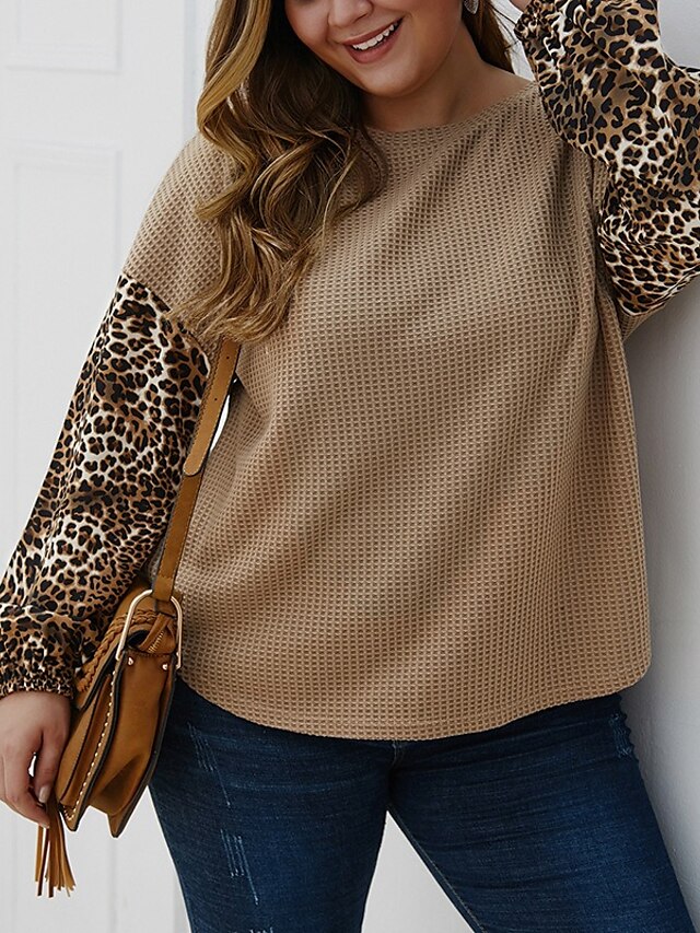  Women's Basic Knitted Leopard Cheetah Print Pullover Long Sleeve Plus Size Sweater Cardigans Crew Neck Fall Black Blue Khaki