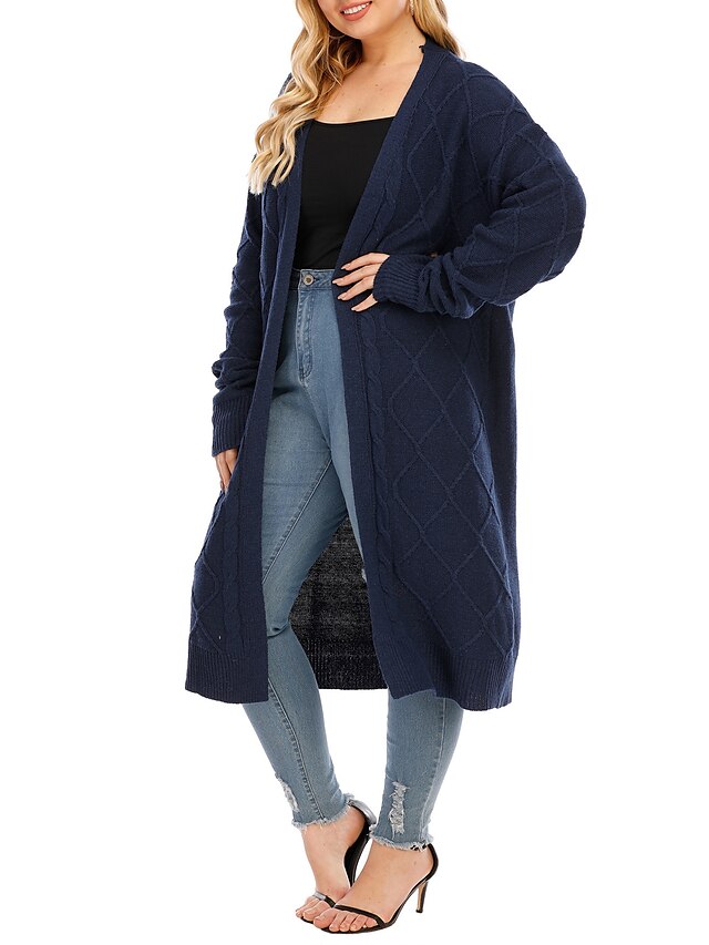  Women's Basic Check Pattern Solid Color Cardigan Long Sleeve Plus Size Sweater Cardigans Open Front Fall Winter Blue